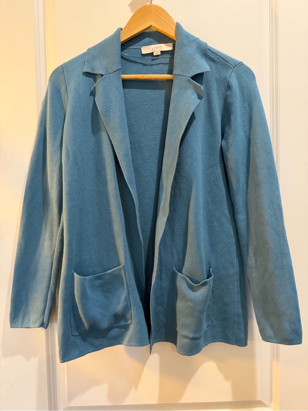 LOFT Blue Open Front Knit Blazer Cardigan Jacket XS 100% Cotton Pockets
